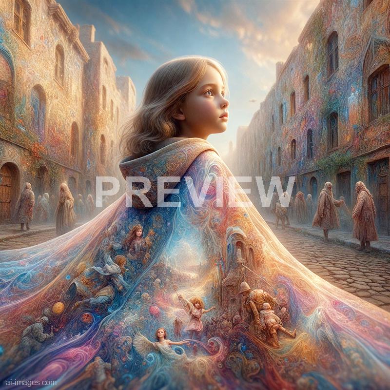 The image depicts a young girl with long, flowing hair gazing thoughtfully into the distance, standing in the middle of a cobblestone street lined with tall, intricate buildings. Her cloak appears to be a swirling, colorful tapestry filled with tiny, detailed scenes of children playing, angels, and whimsical creatures, blending seamlessly into the fabric. The sky above is soft with warm clouds, casting a gentle glow over the scene, creating a dreamlike, surreal atmosphere.